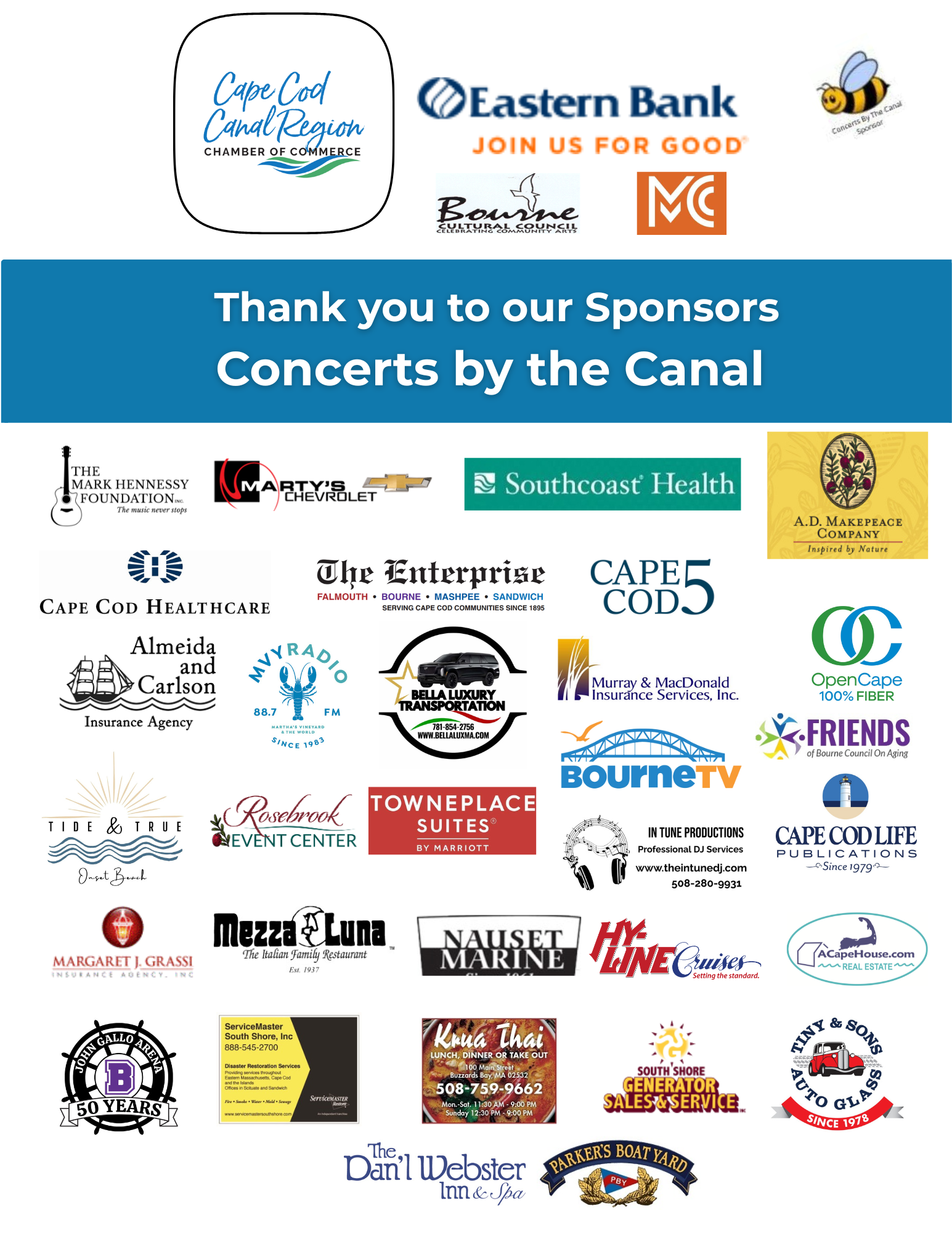 Eastern Bank Concerts by the Canal SPONSORS Final 7.2.25 list of local business as concert sponsorships